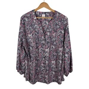Terra & Sky‎ Paisley Button Up Blouse Size 1X Multicolor Long Sleeve Lightweight